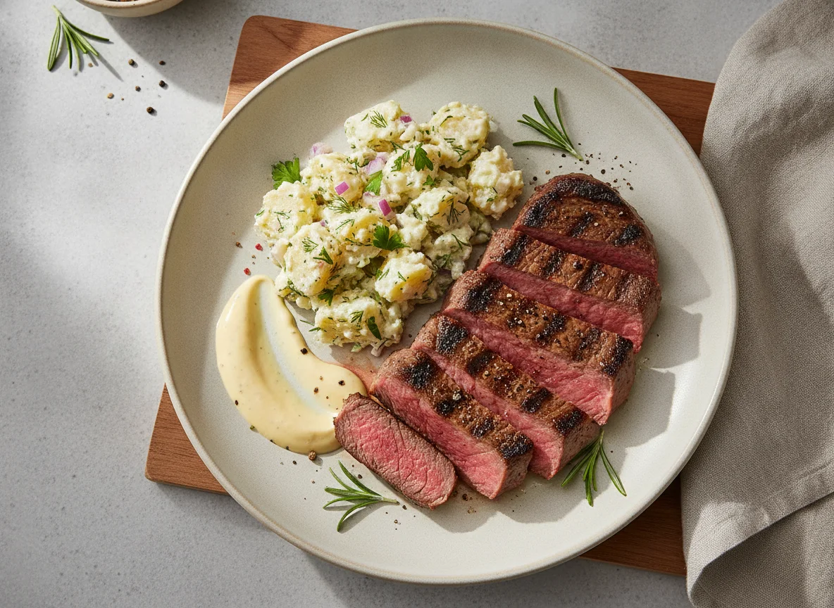 Meat with Potato Salad and Sauce photo