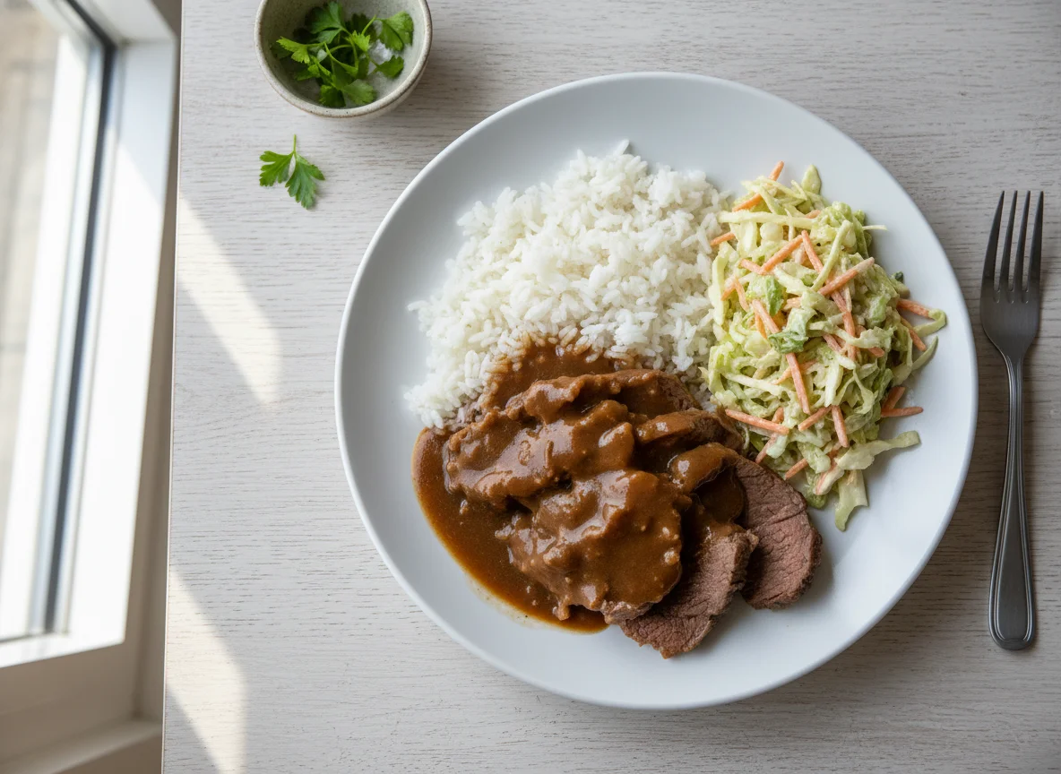 Meat with rice, gravy, and coleslaw photo