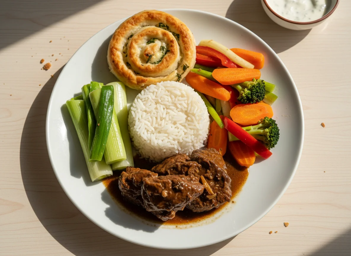 Meat with Rice, Vegetables and Pastry photo