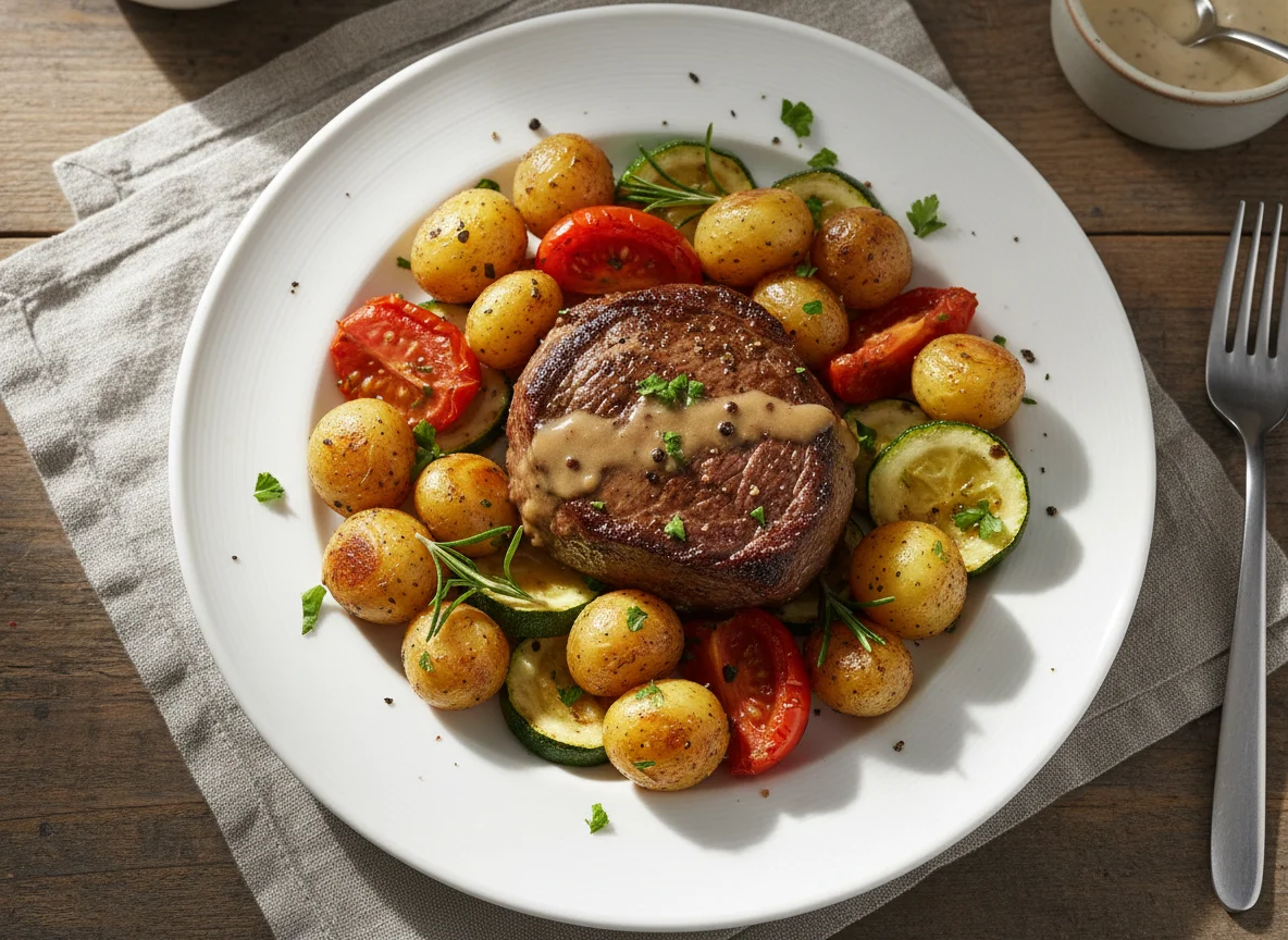 Meat with Roasted Potatoes, Tomatoes and Zucchini photo