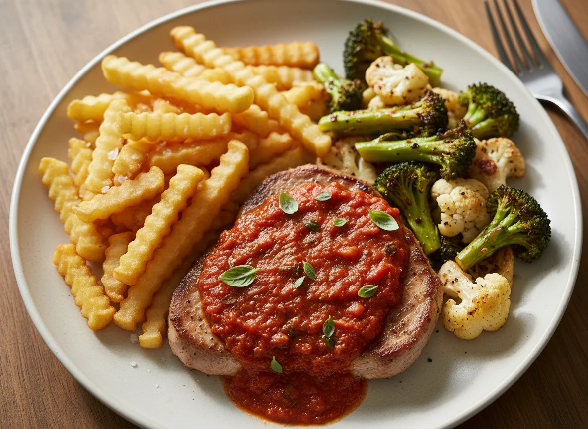 Meat with Sauce, Fries, and Roasted Vegetables photo
