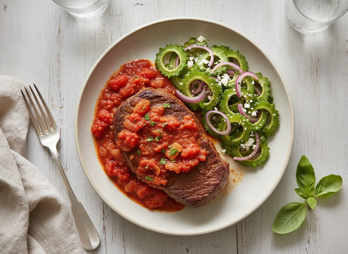 Meat with Tomato Sauce and Bitter Melon Salad photo