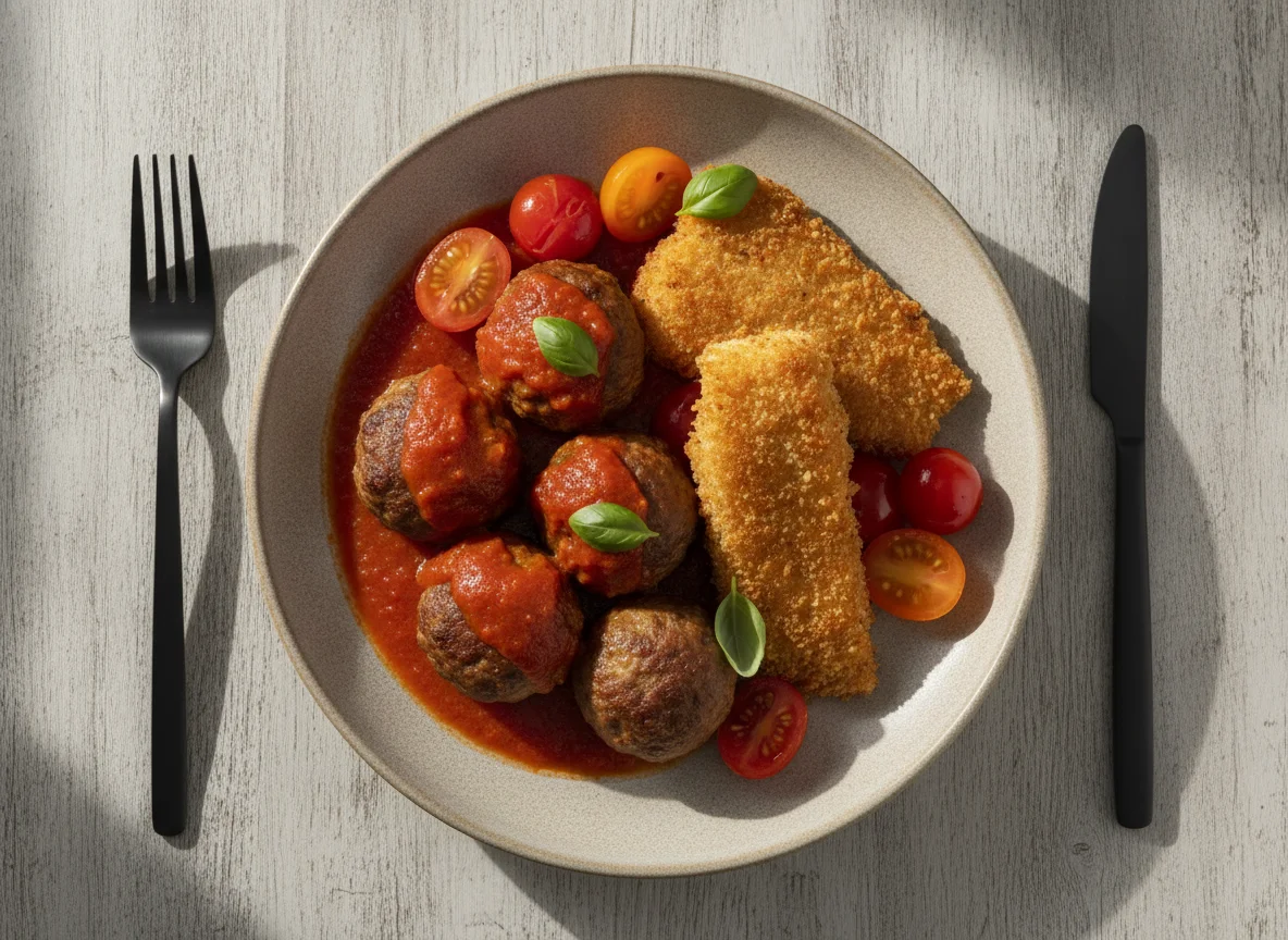 Meatball and Breaded Fish with Cherry Tomatoes photo