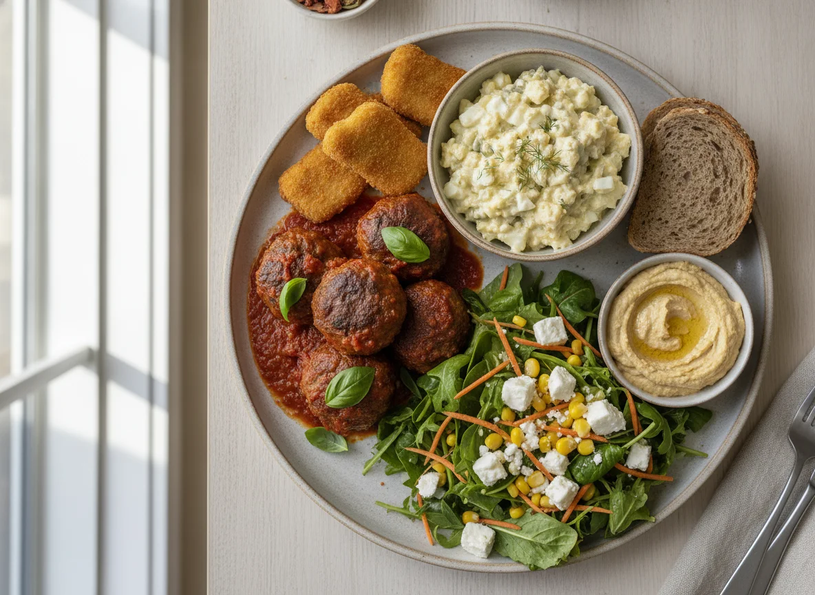 Meatball and Egg Salad Platter with Bread photo