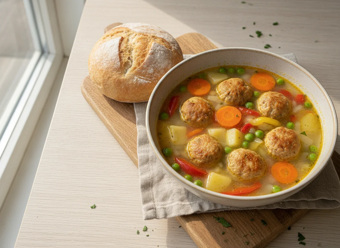 Meatball and Vegetable Soup with Bread Roll photo