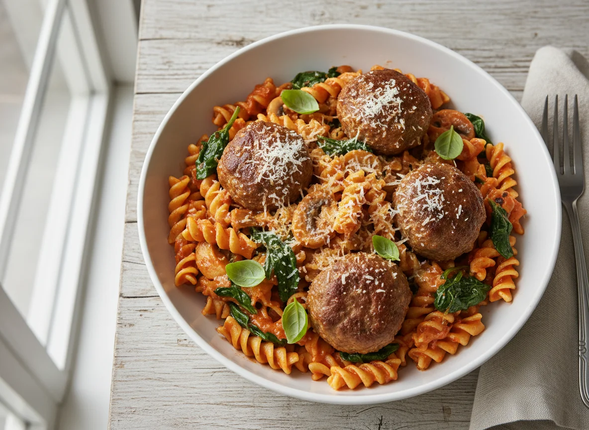 Meatball Pasta with Creamy Tomato Sauce and Spinach photo