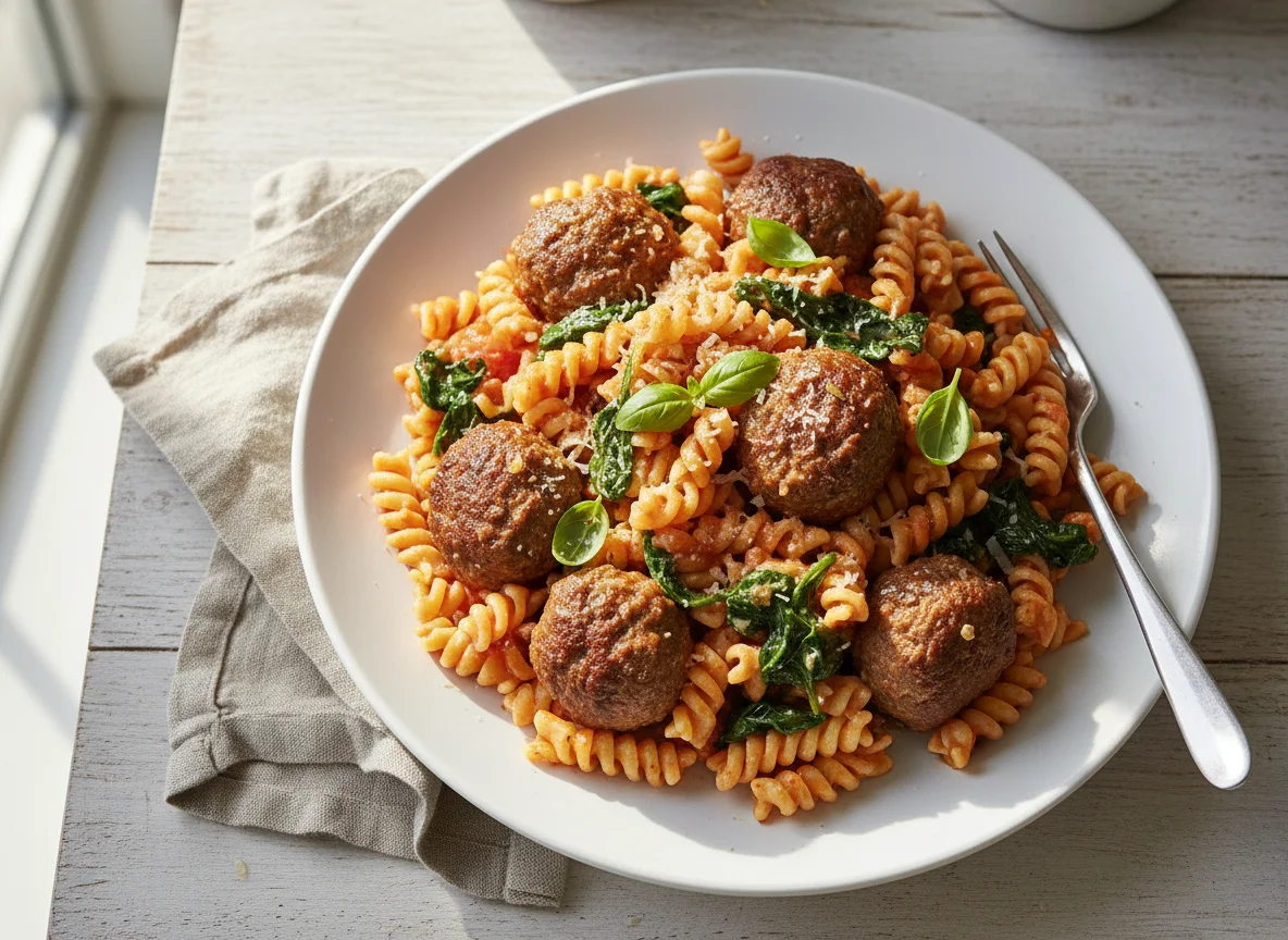 Meatball Pasta with Tomato Cream Sauce and Spinach photo