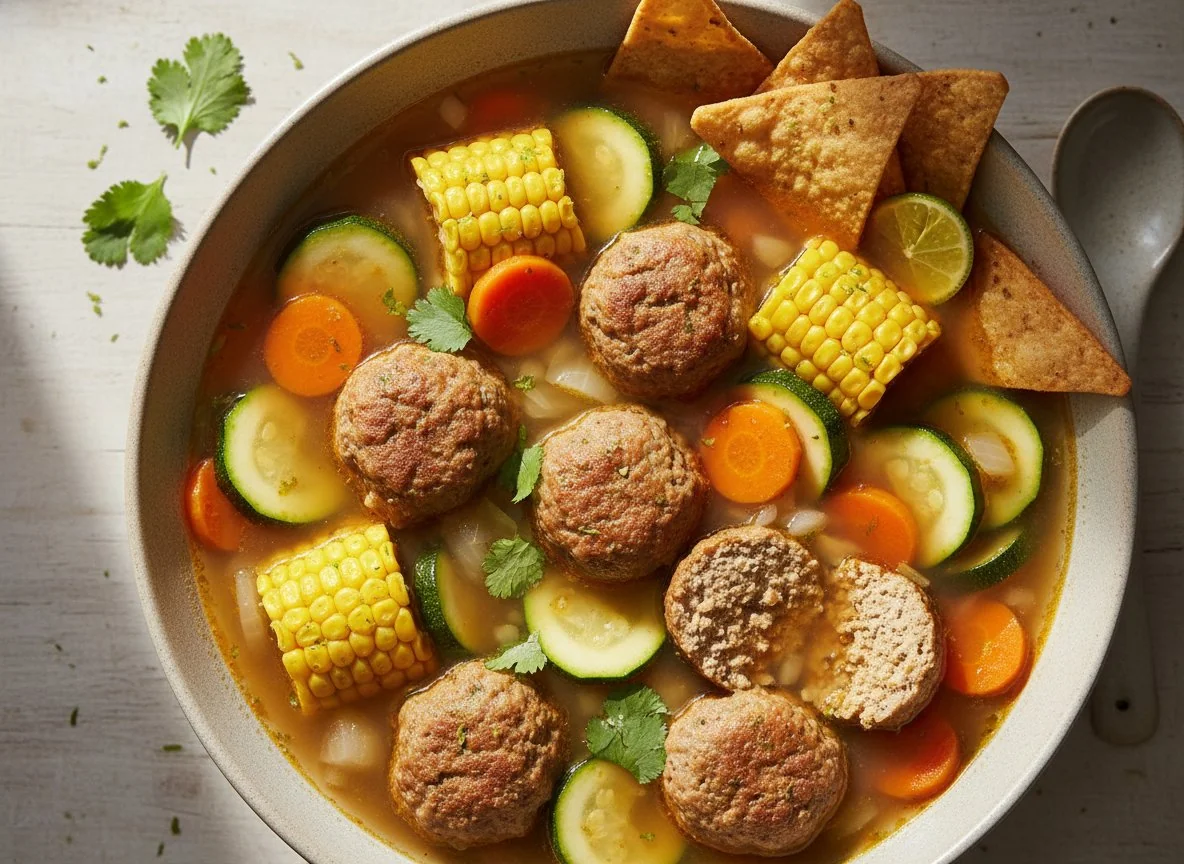 Meatball Soup with Vegetables and Corn photo