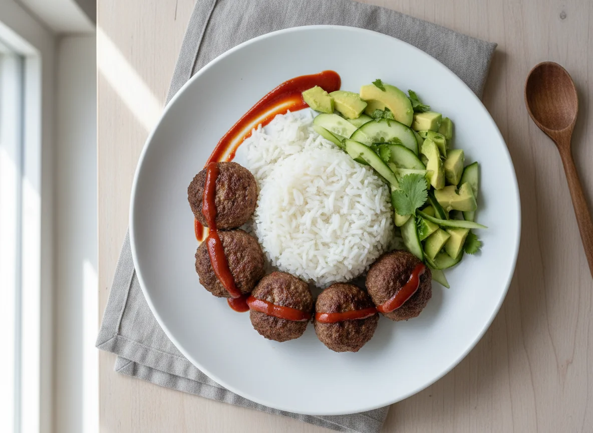 Meatballs and Rice with Avocado Salad photo