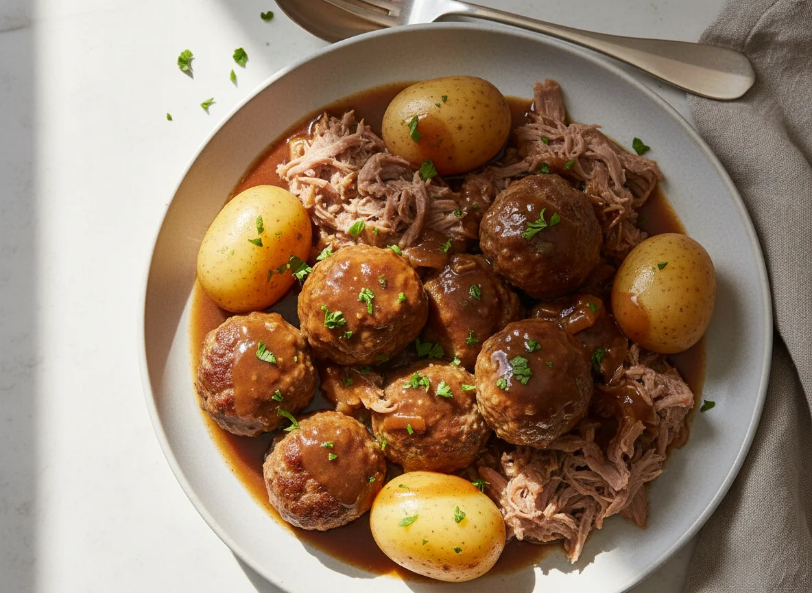 Meatballs and shredded meat with potatoes and gravy photo