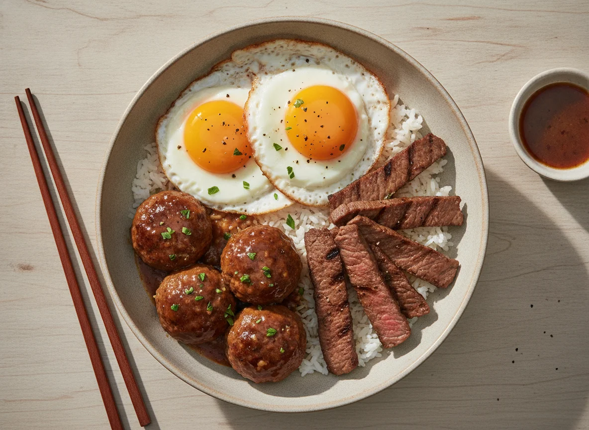 Meatballs, Fried Eggs, and Grilled Beef Bowl photo