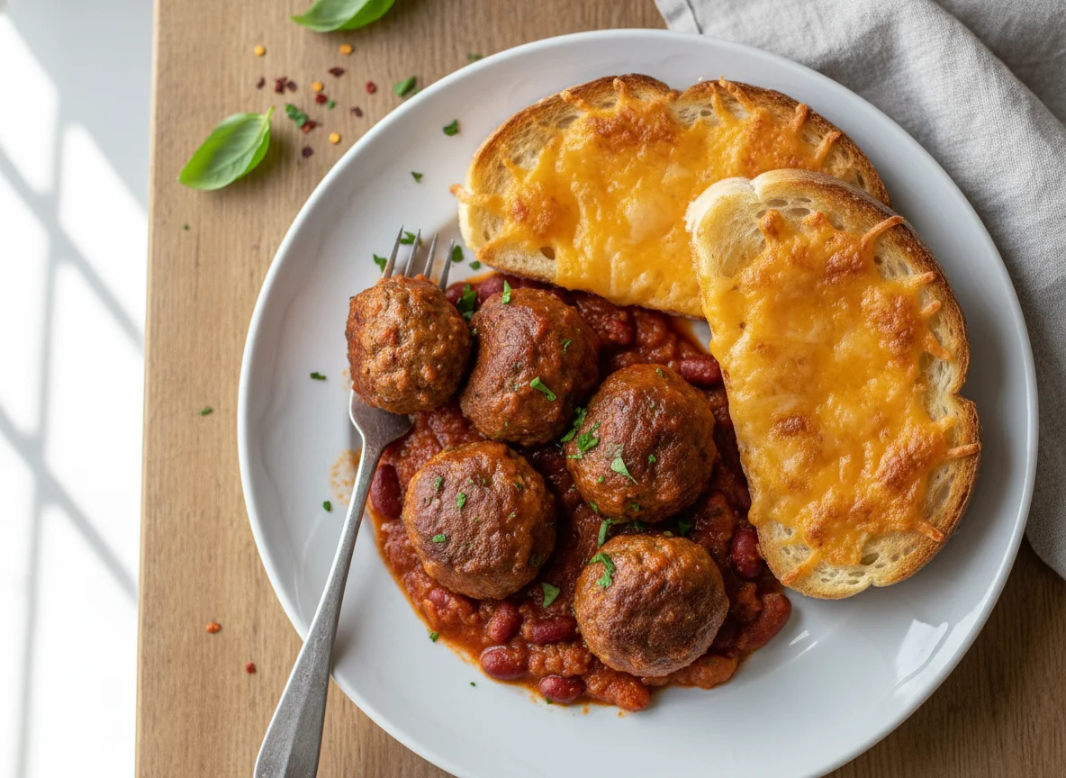 Meatballs in tomato sauce with cheesy toast photo