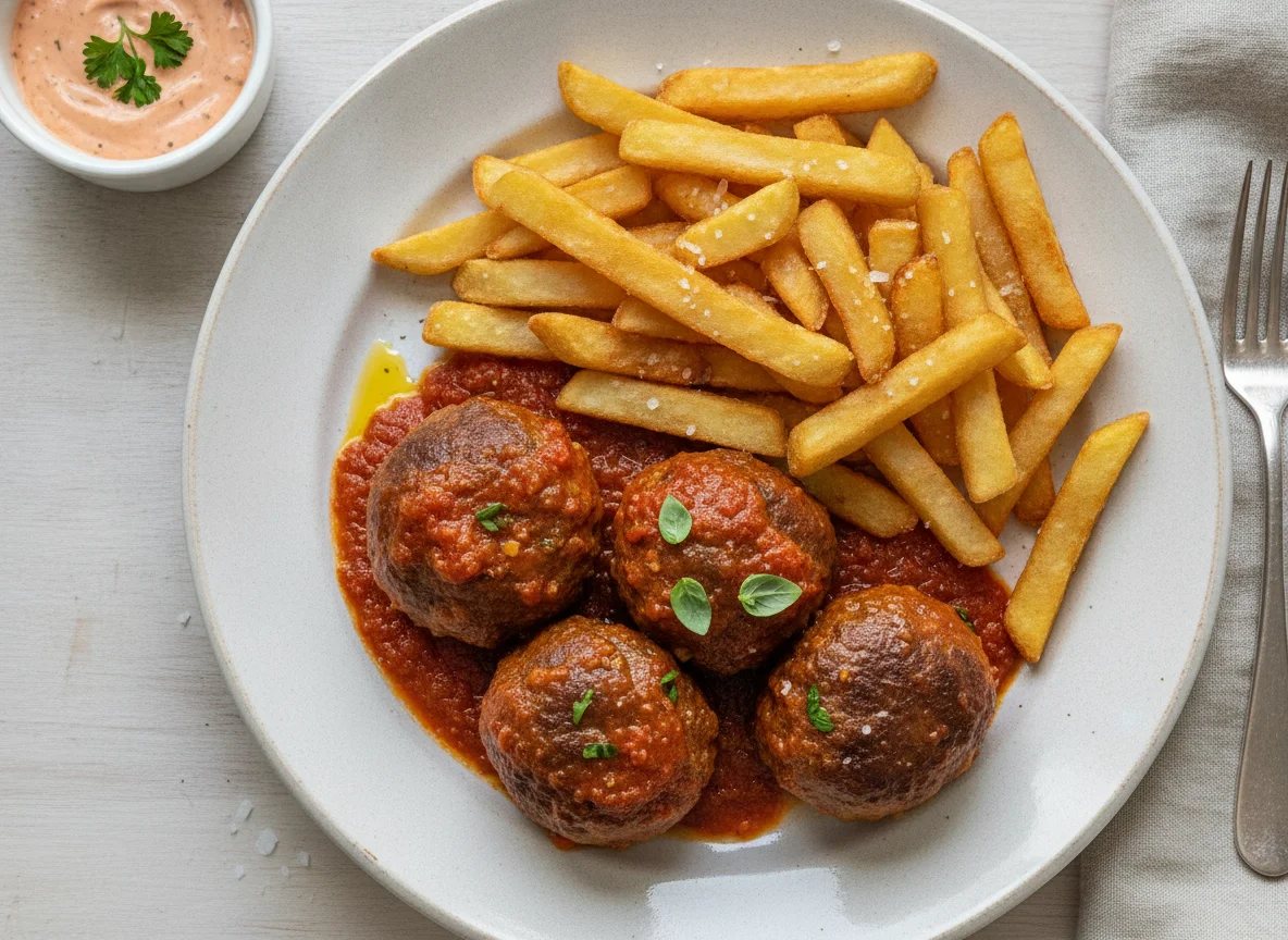 Meatballs in tomato sauce with french fries and cocktail sauce photo