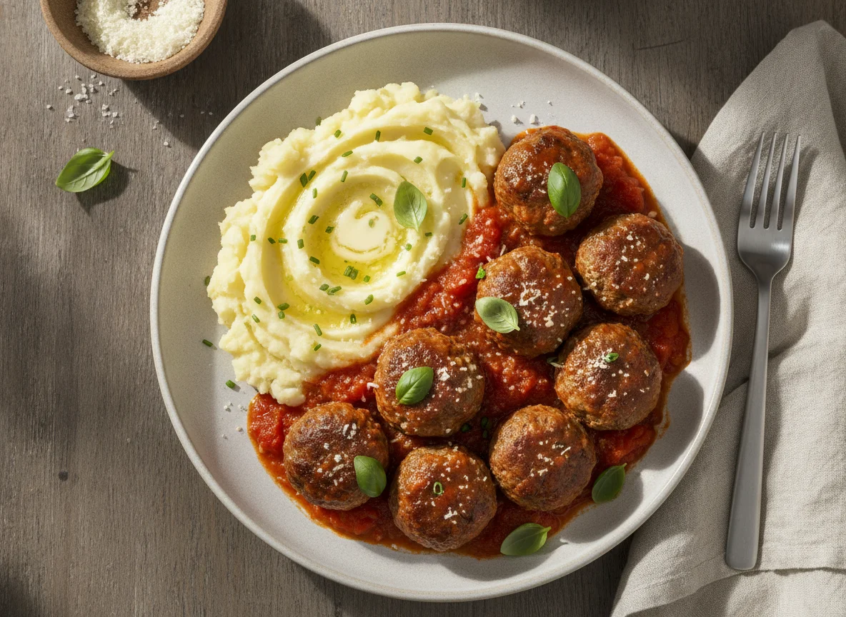 Meatballs in tomato sauce with mashed potatoes photo