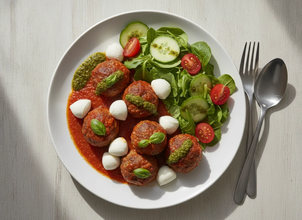 Meatballs in Tomato Sauce with Mozzarella Salad photo