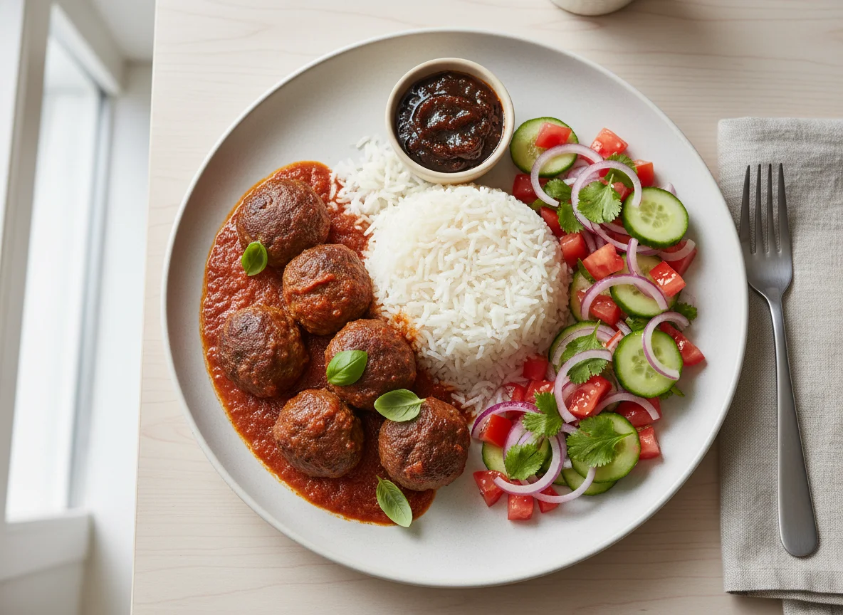 Meatballs in Tomato Sauce with White Rice and Kachumbari photo