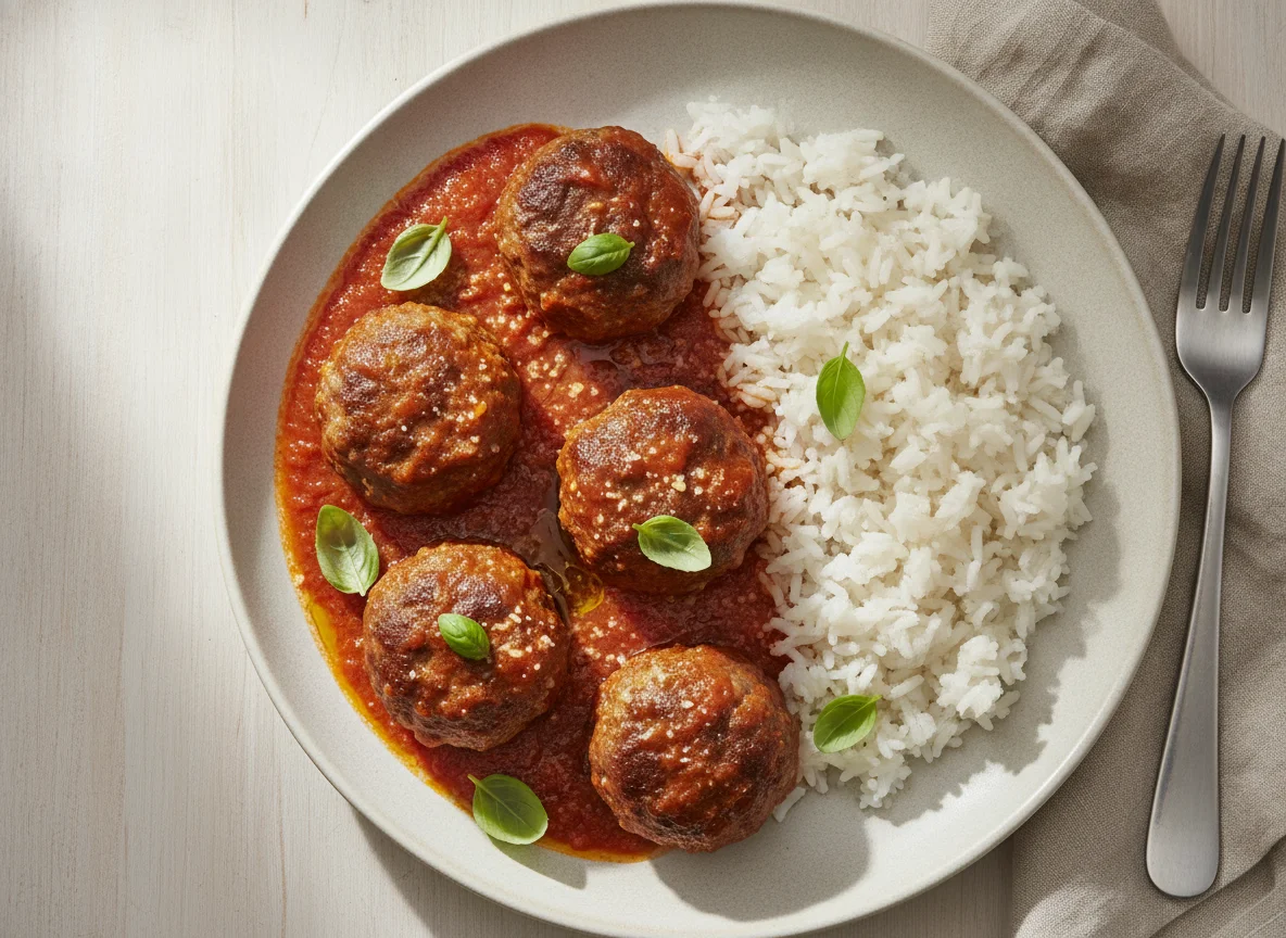 Meatballs in tomato sauce with white rice photo