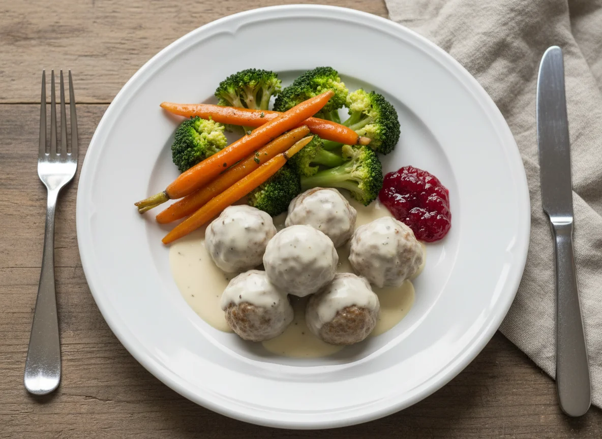 Meatballs or Fish Balls with Sauce and Vegetables photo