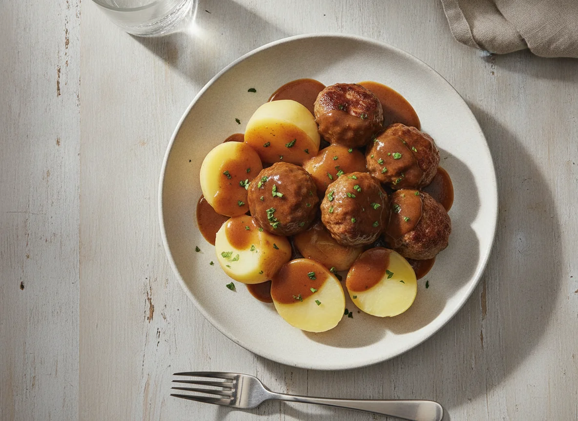 Meatballs potato and gravy photo