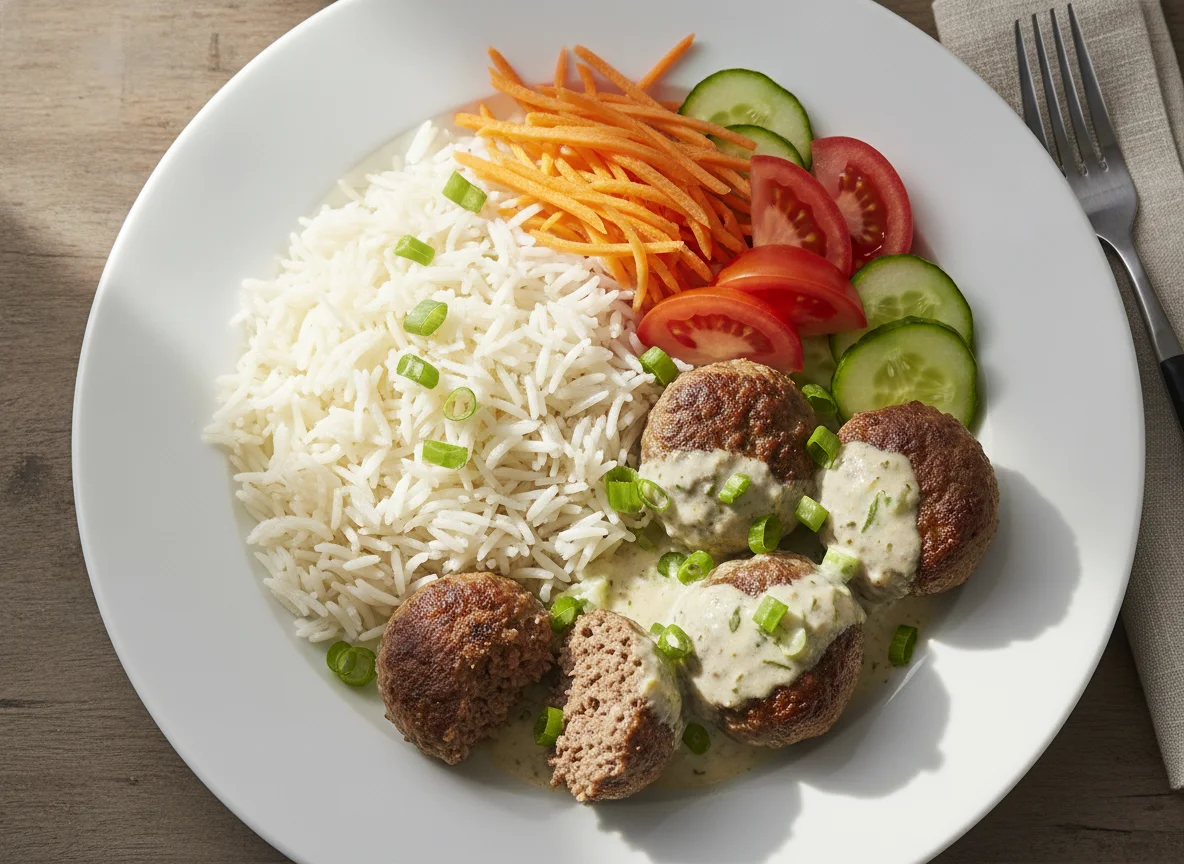 Meatballs with Basmati Rice and Vegetable Salad photo