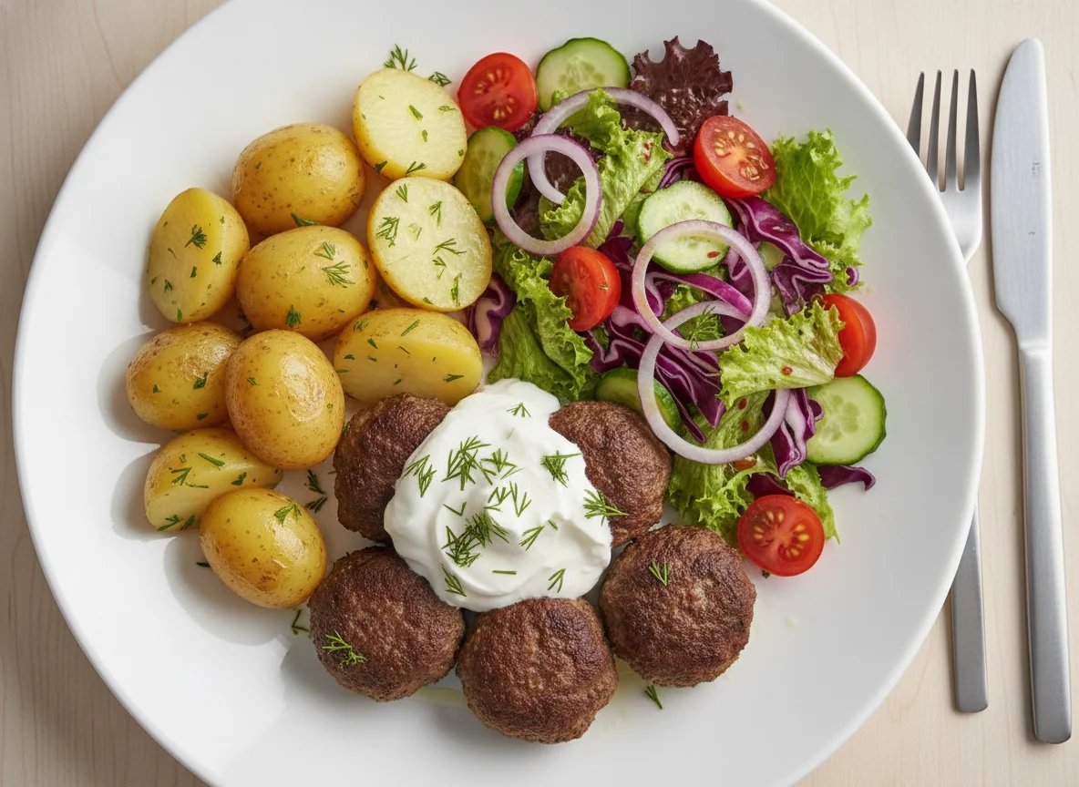 Meatballs with Boiled Potatoes and Garden Salad photo