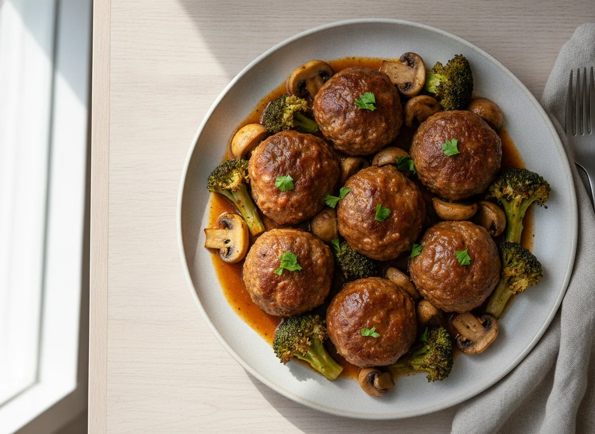 Meatballs with Broccoli and Mushrooms photo