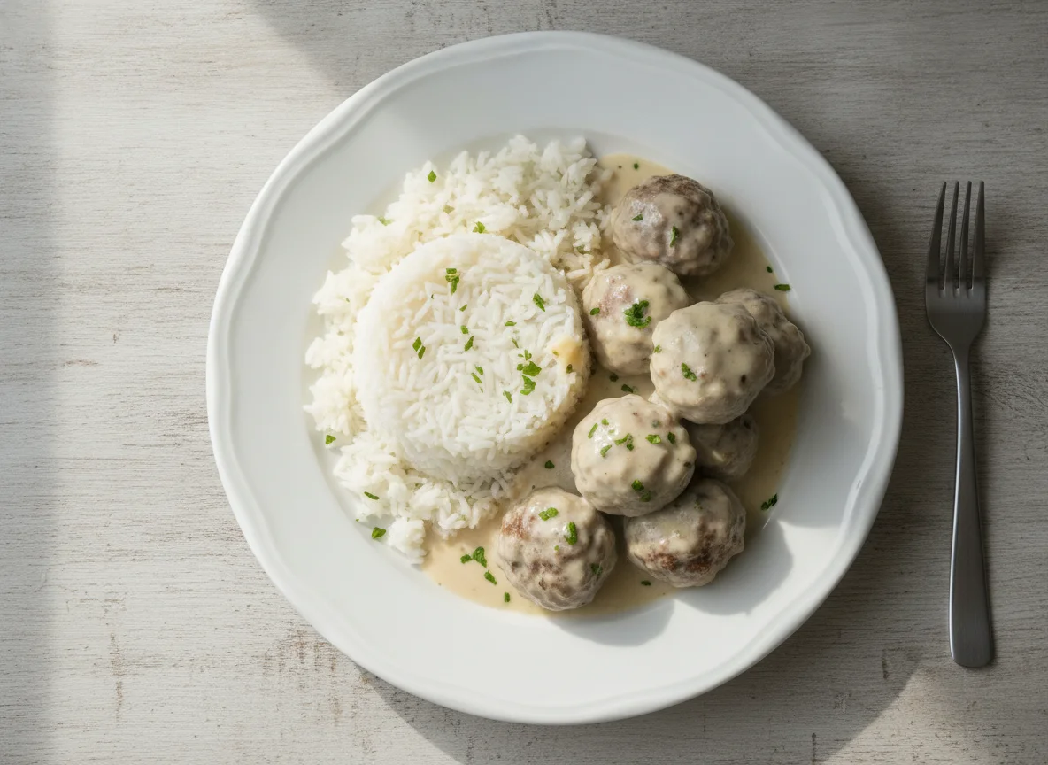Meatballs with Cream Sauce and Rice photo