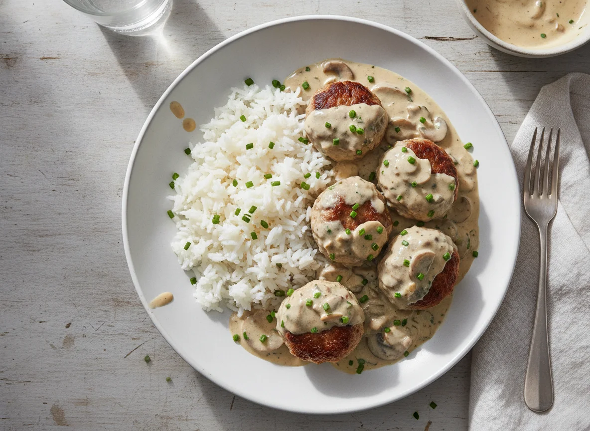 Meatballs with Cream Sauce and White Rice photo