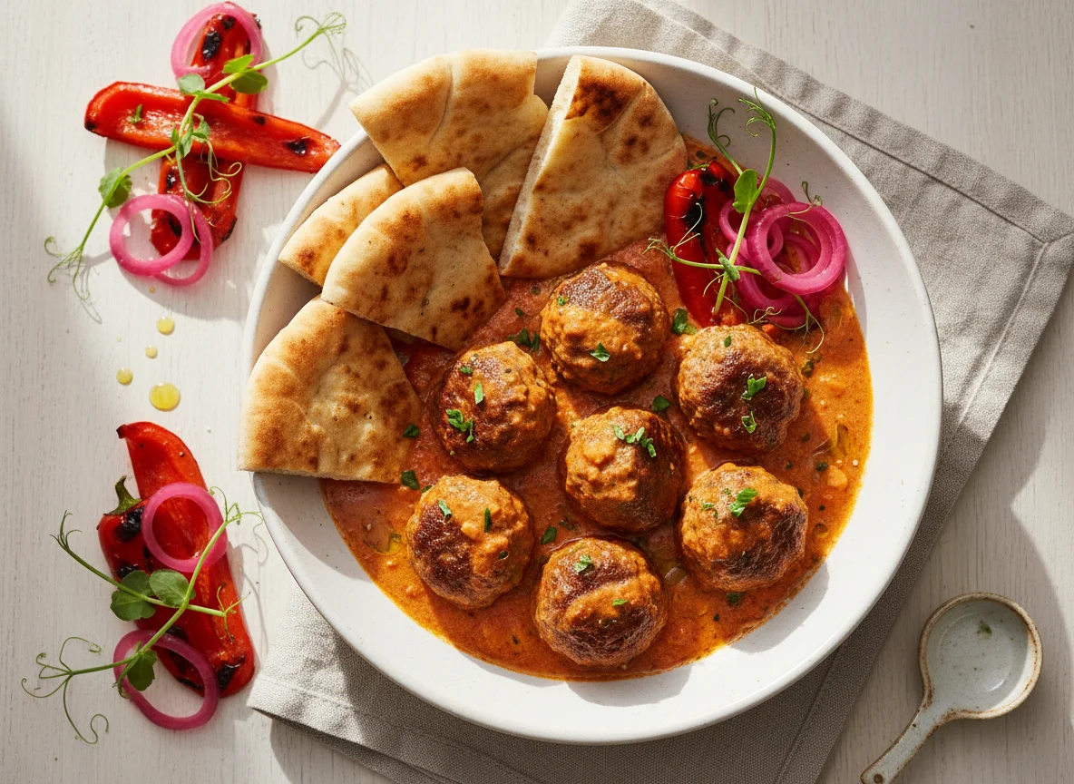 Meatballs with Creamy Sauce and Pita Bread photo