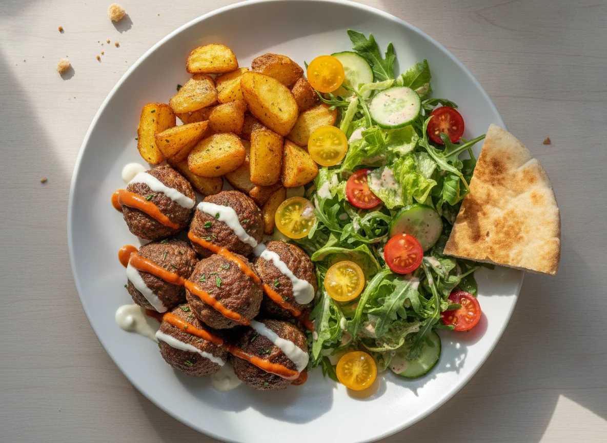 Meatballs with fried potatoes and mixed salad photo