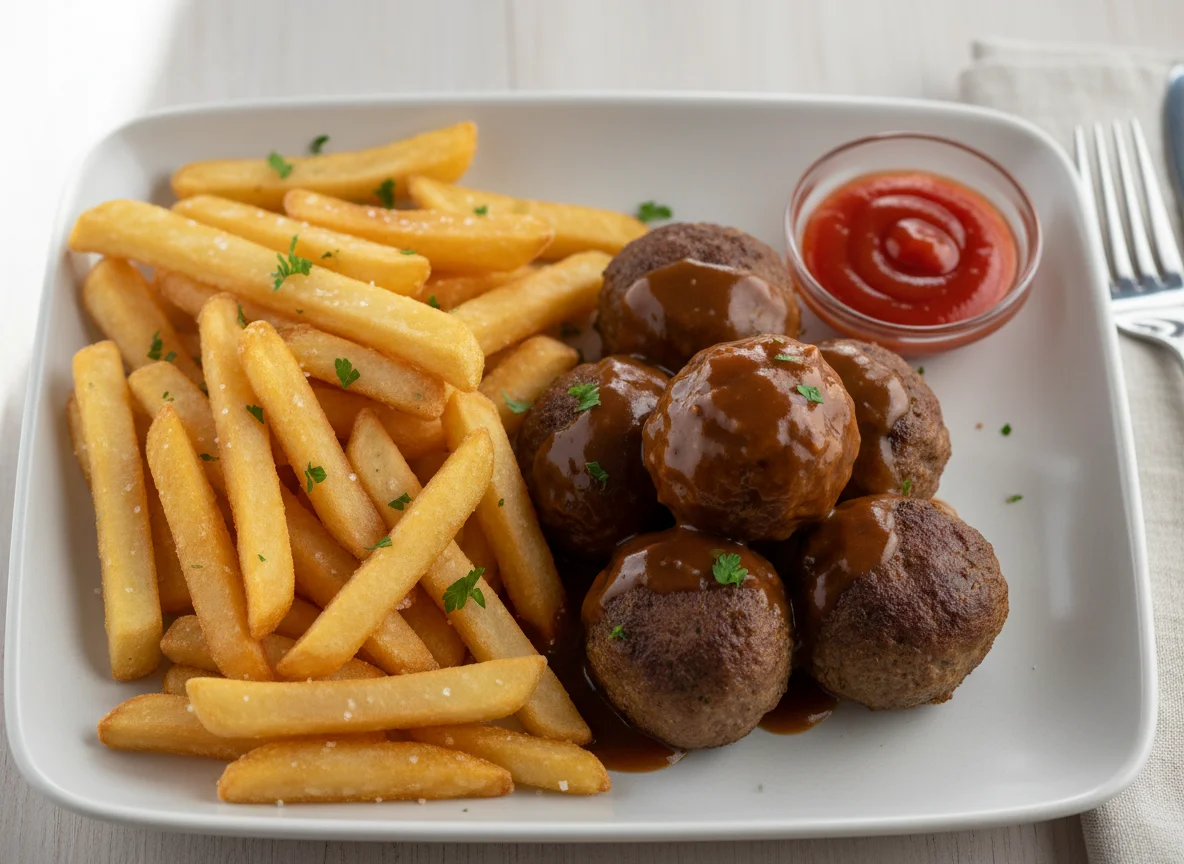 Meatballs with gravy and french fries photo