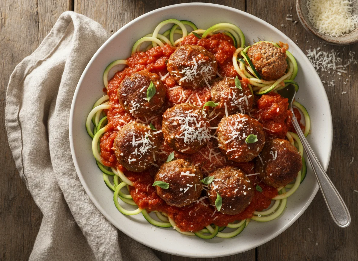 Meatballs with Marinara Sauce over Zucchini Noodles photo
