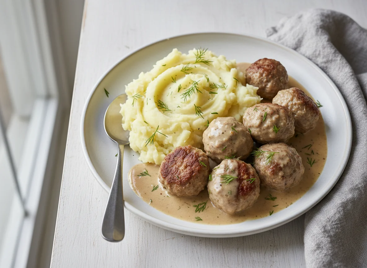 Meatballs with Mashed Potatoes and Cream Sauce photo