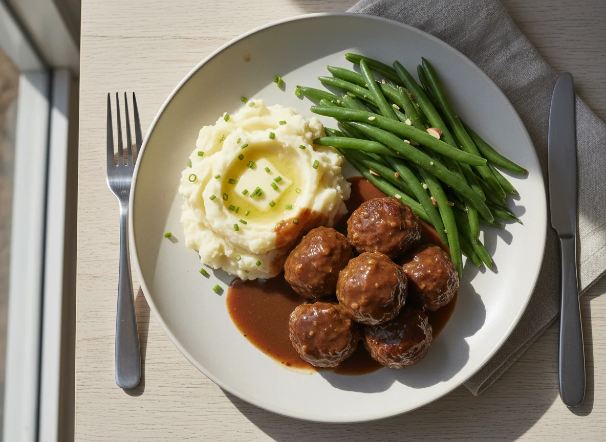 Meatballs with Mashed Potatoes and Green Beans photo