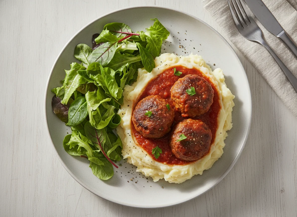 Meatballs with mashed potatoes and lettuce photo