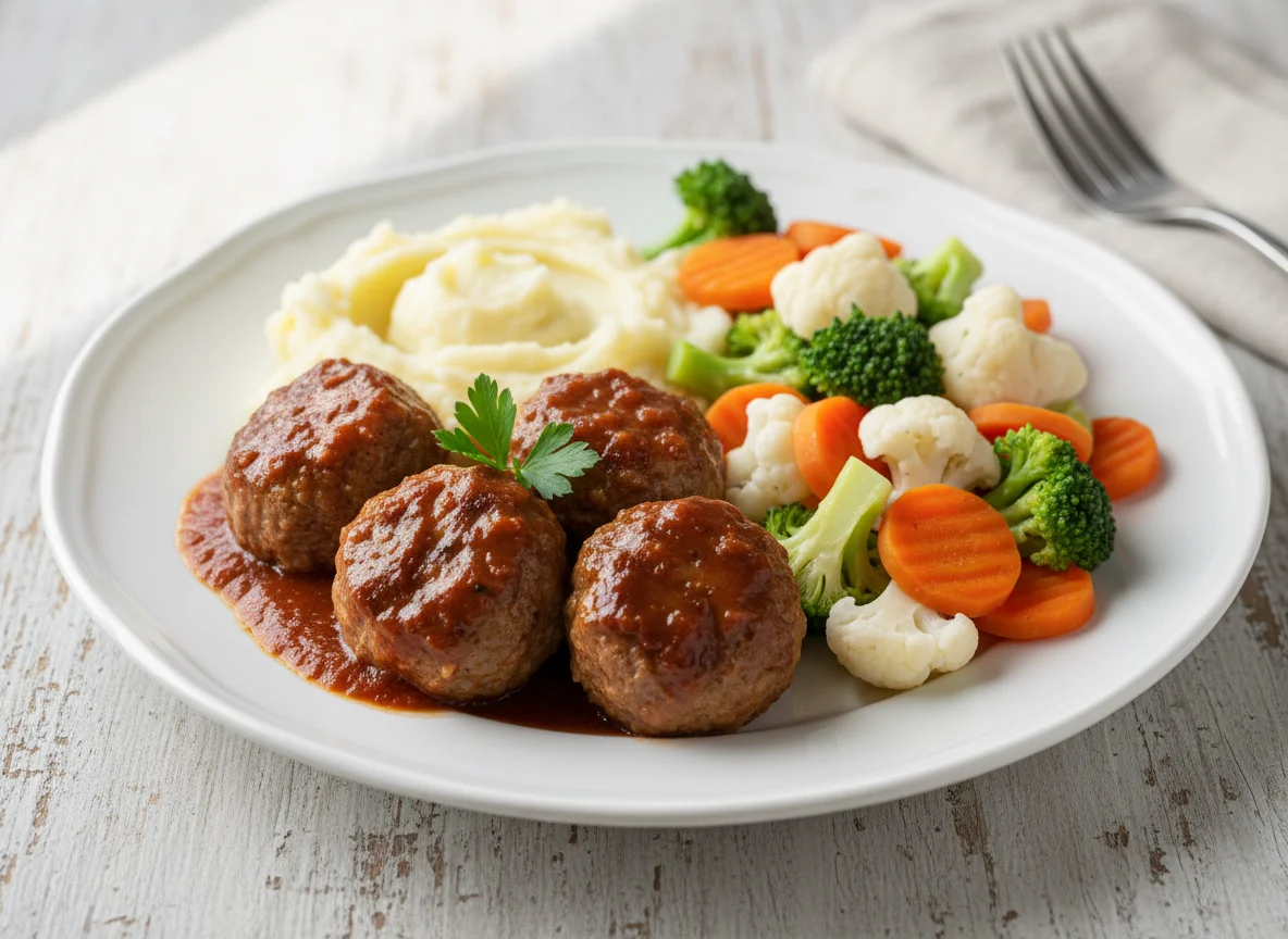 Meatballs with mashed potatoes and mixed vegetables photo
