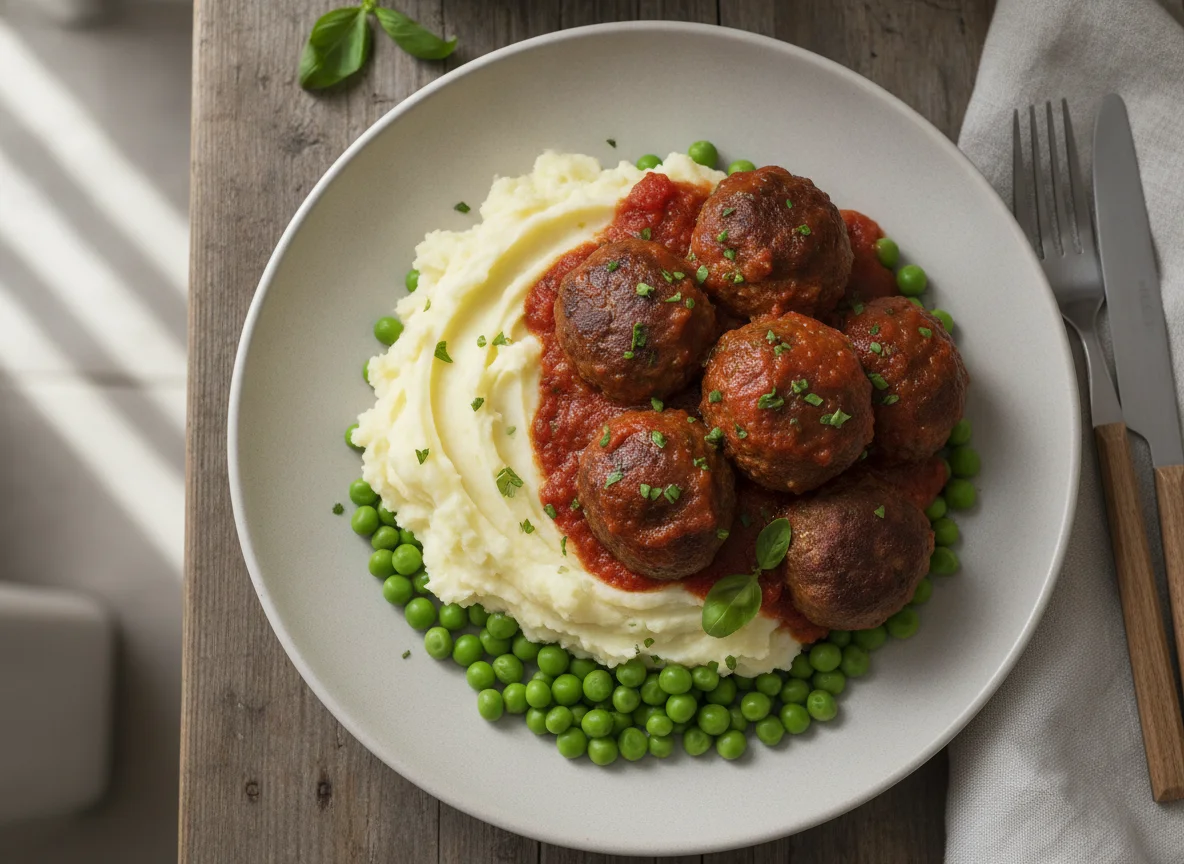 Meatballs with Mashed Potatoes and Peas photo