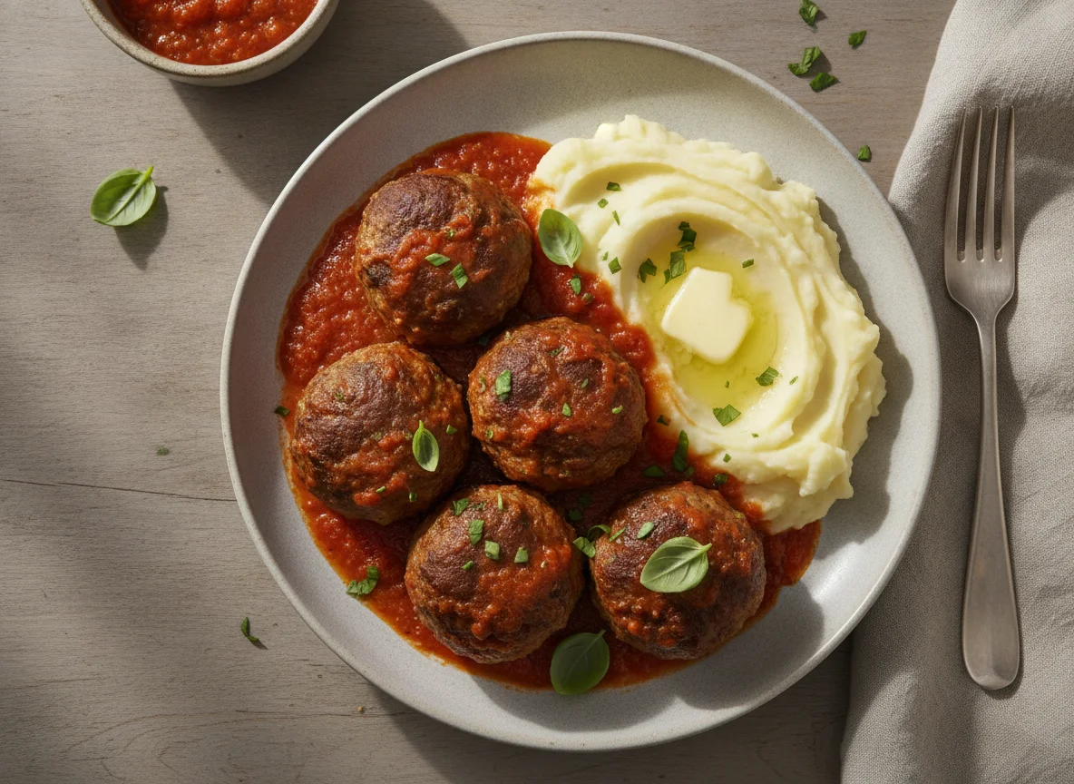Meatballs with mashed potatoes and tomato sauce photo
