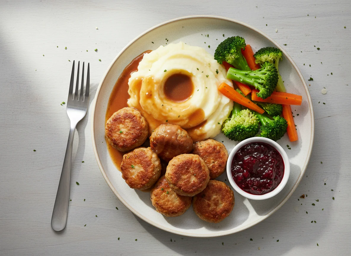 Meatballs with Mashed Potatoes, Brown Sauce and Vegetables photo