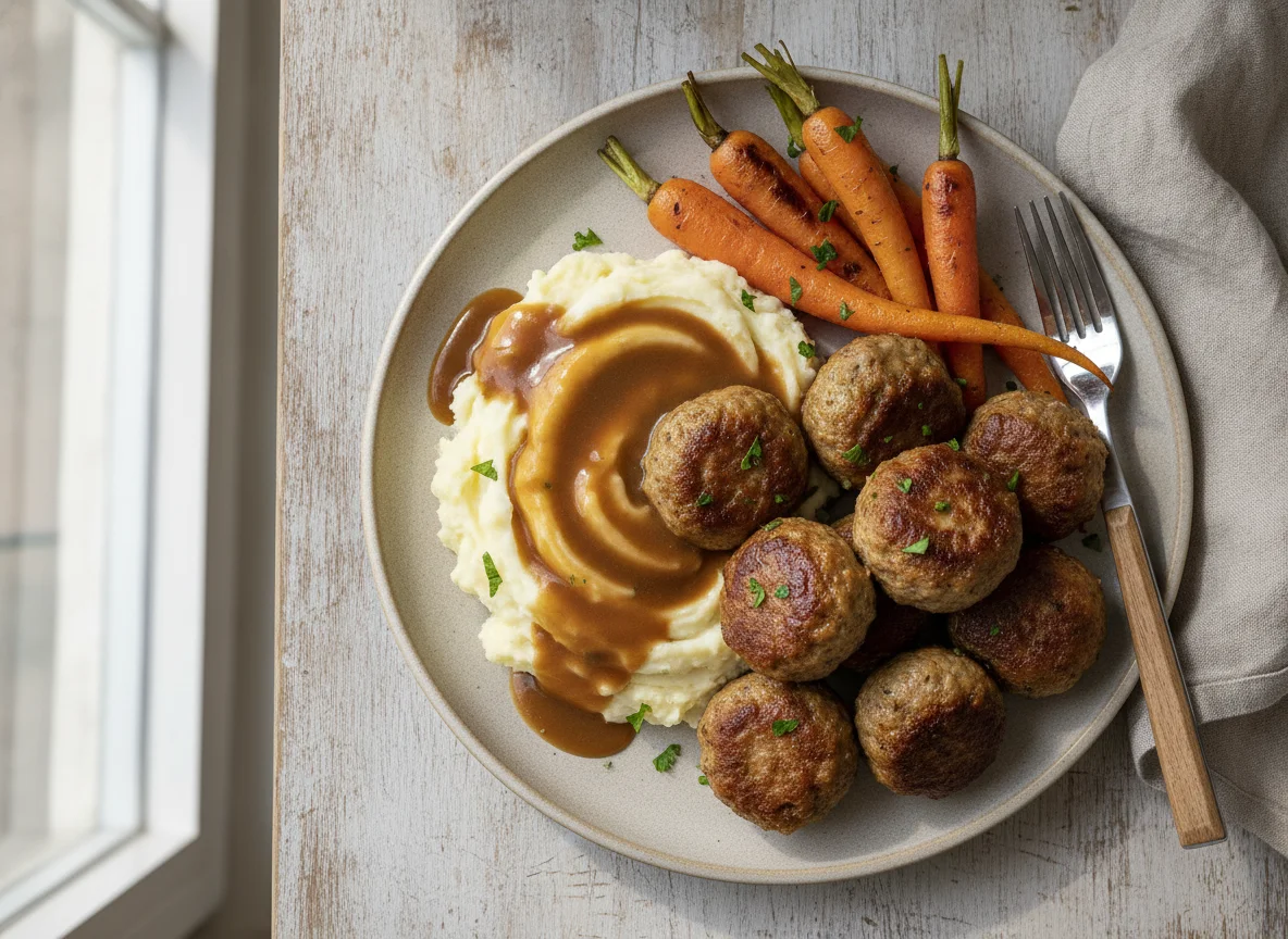 Meatballs with mashed potatoes, carrots and gravy photo