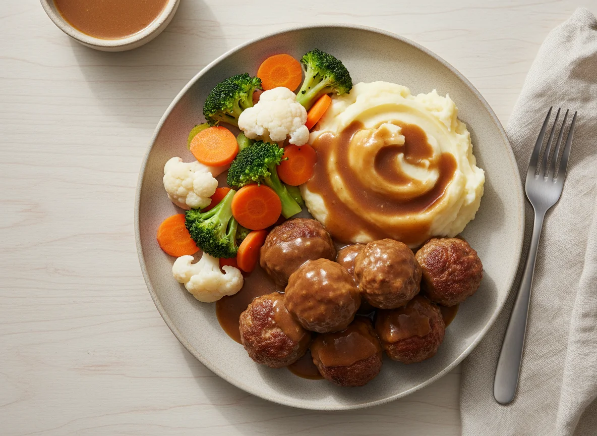 Meatballs with Mashed Potatoes, Gravy and Vegetables photo