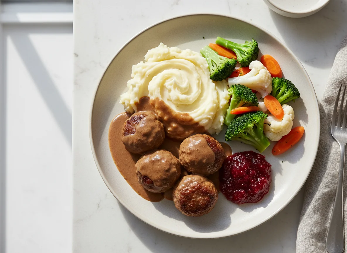 Meatballs with Mashed Potatoes, Gravy, Vegetables, and Lingonberry Jam photo