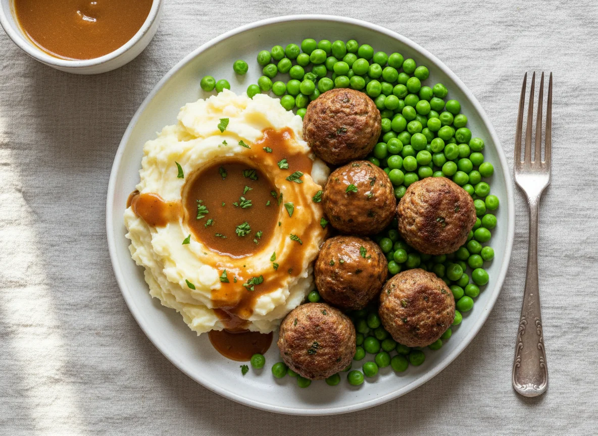 Meatballs with Mashed Potatoes, Peas and Gravy photo
