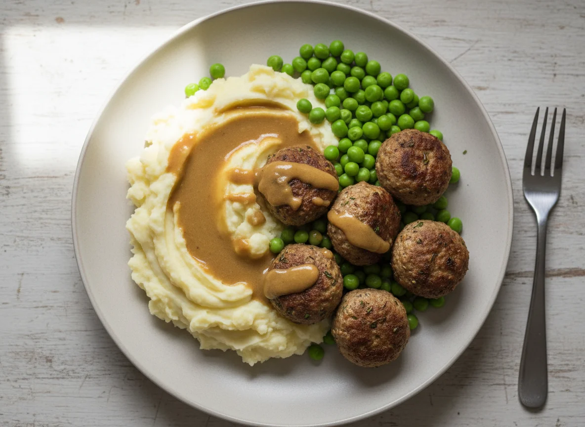 Meatballs with Mashed Potatoes, Peas and Nando's Garlic Sauce photo