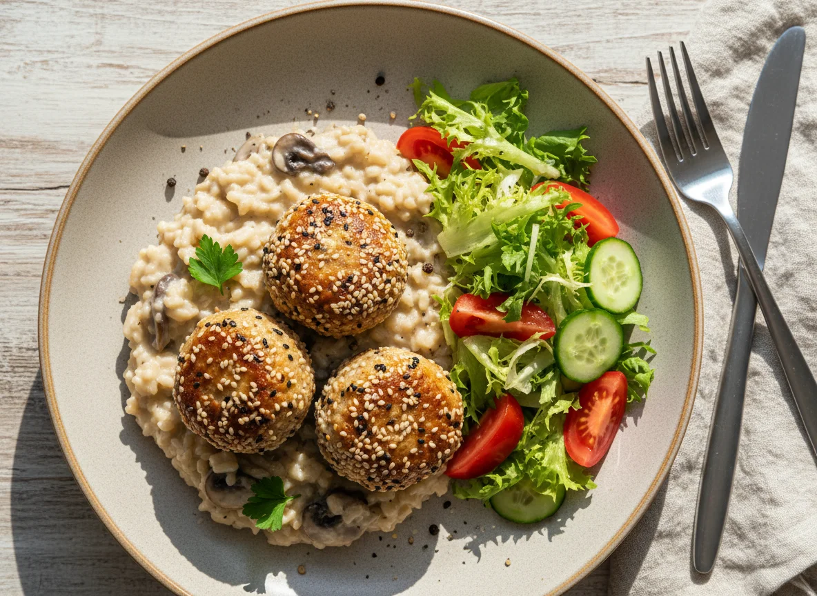 Meatballs with Mushroom Risotto and Side Salad photo