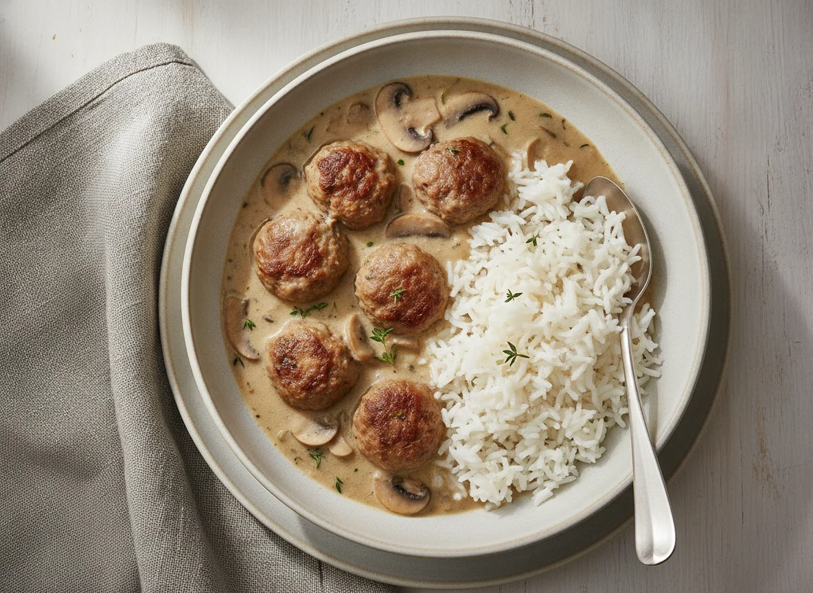 Meatballs with Mushroom Soup and Rice photo