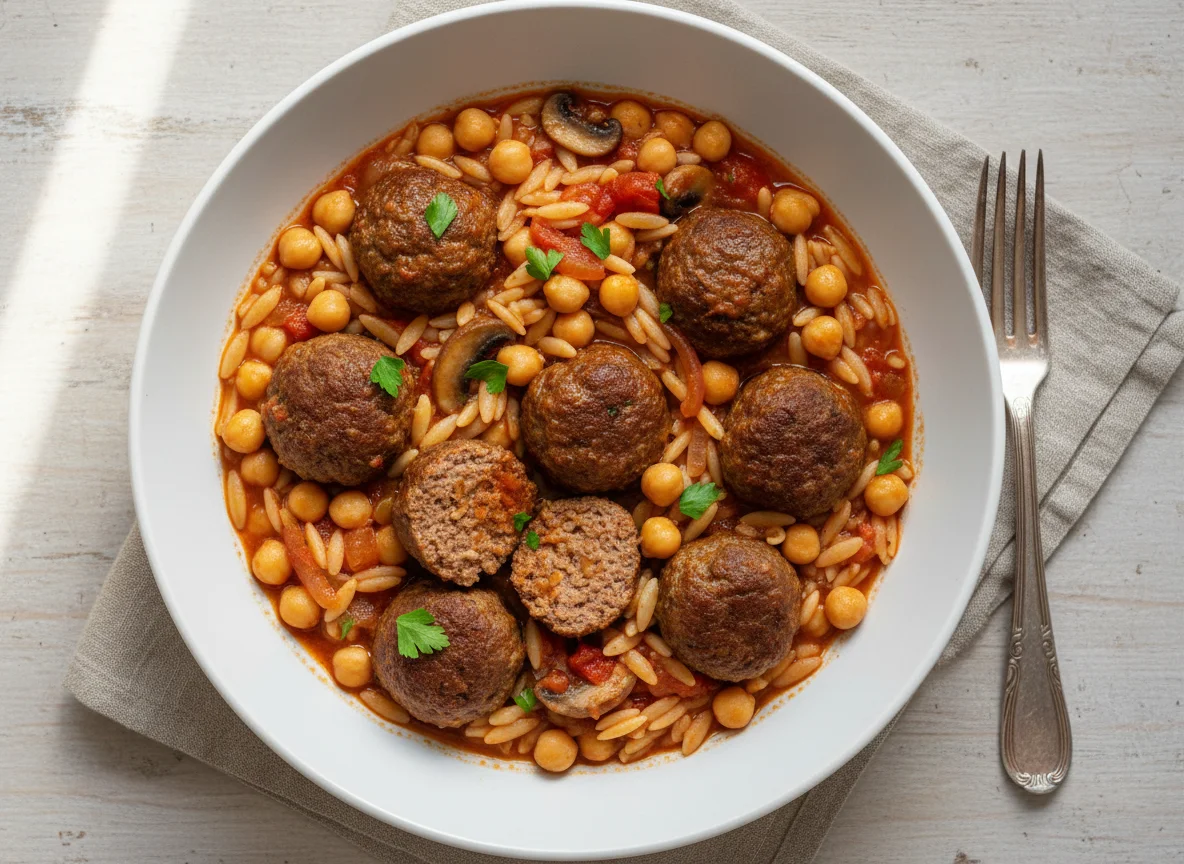 Meatballs with Orzo and Chickpea Tomato Stew photo