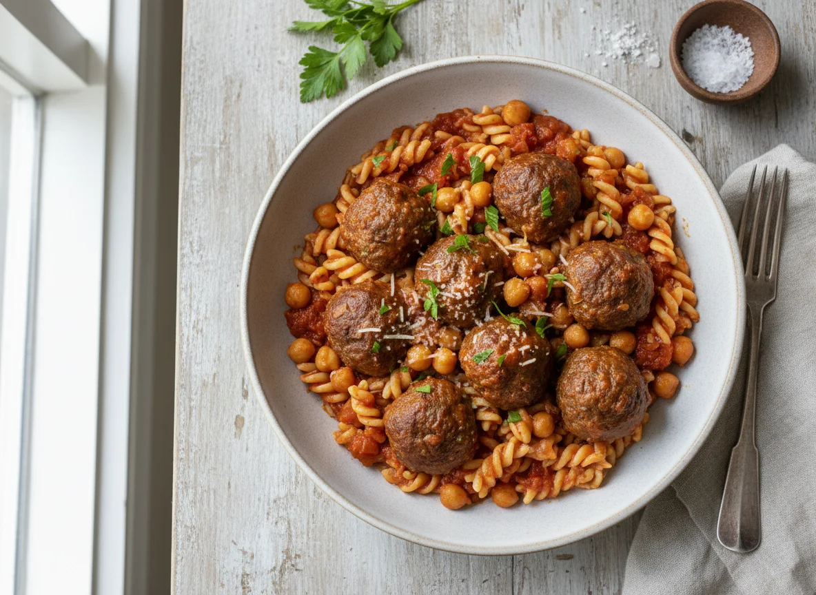 Meatballs with Orzo and Chickpeas in Tomato Sauce photo