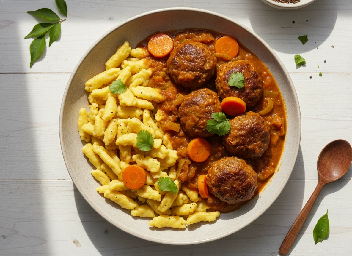 Meatballs with Pasta and Vegetable Curry photo