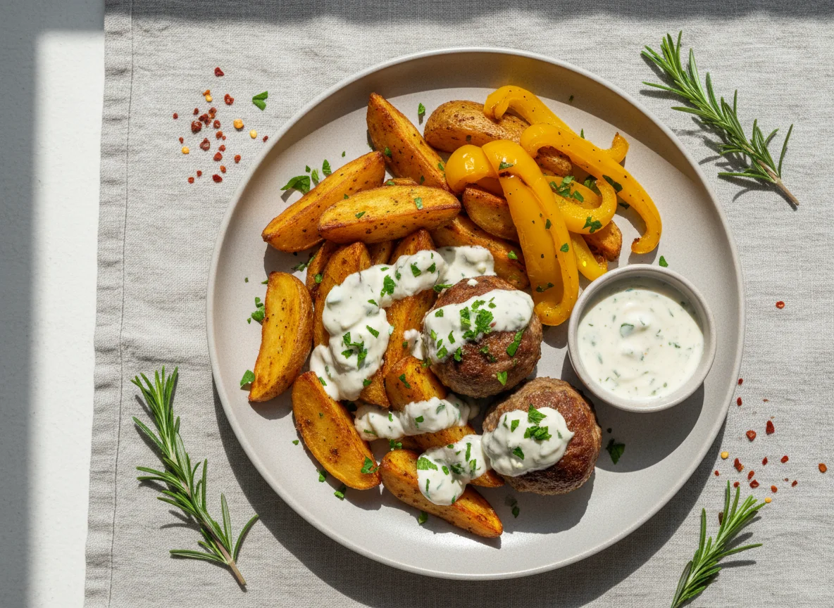 Meatballs with Potato Wedges and Bell Pepper photo